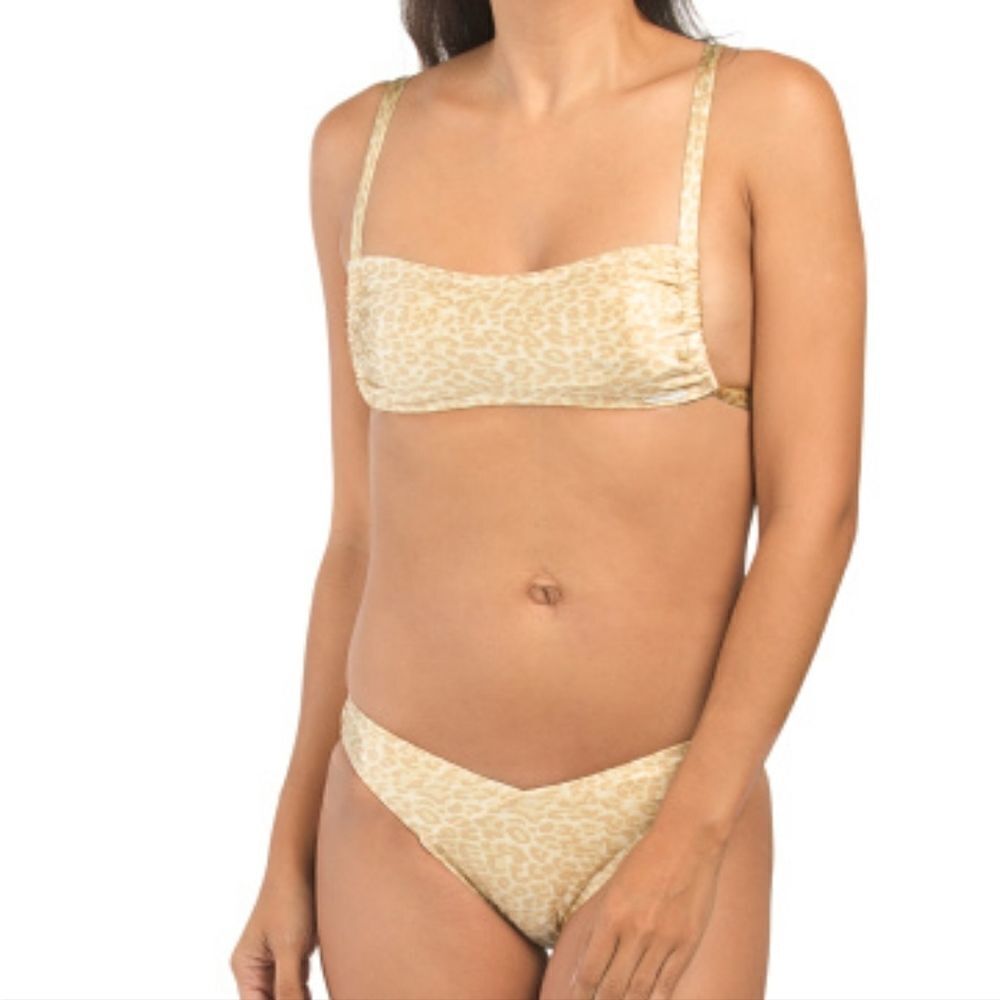 KENDALL + KYLIE Nude Leopard Ruched Bandeau Swimsuit Top High Waist bott…